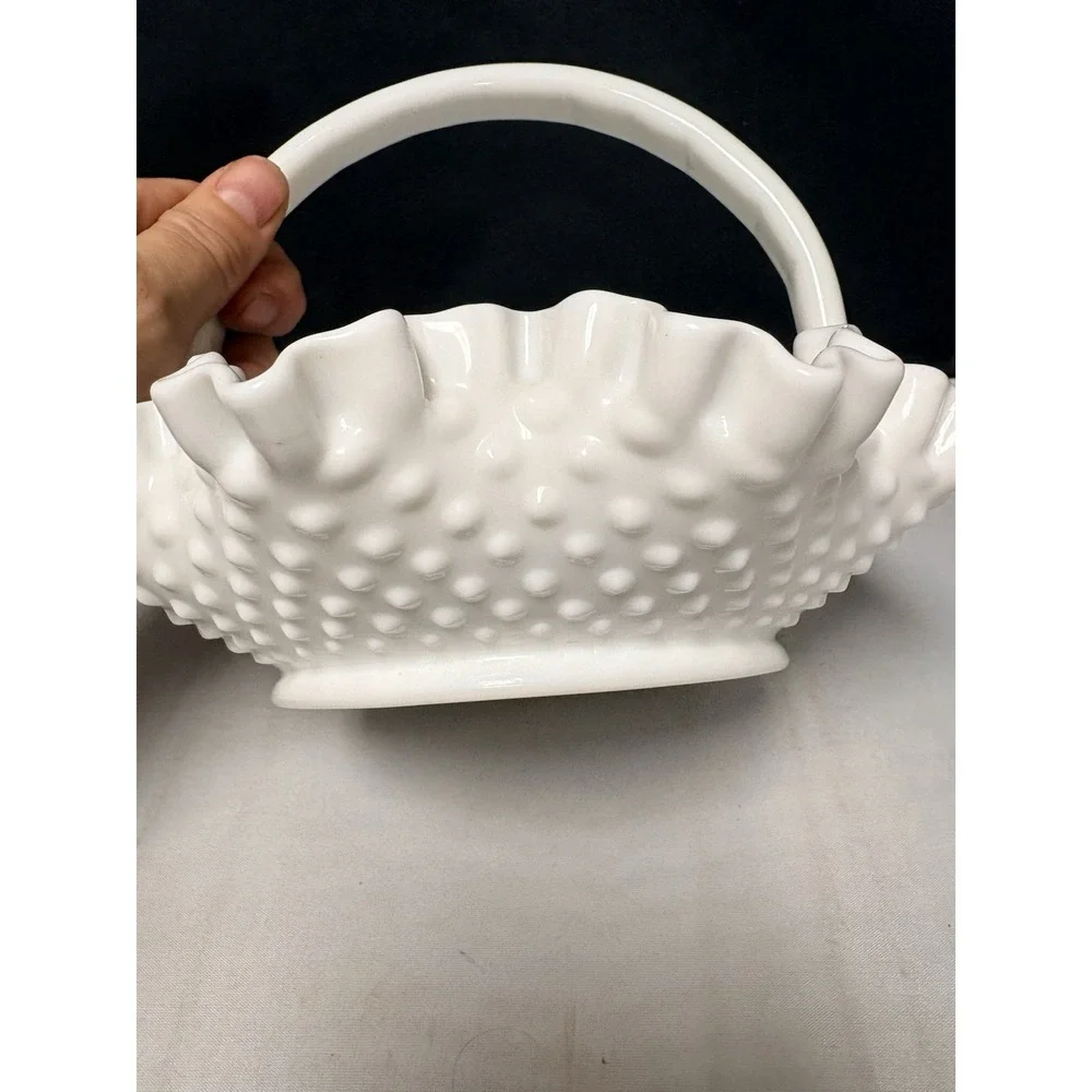 Vintage Fenton Ruffled Hobnail White Milk Glass Basket Bowl Applied Handle EUC